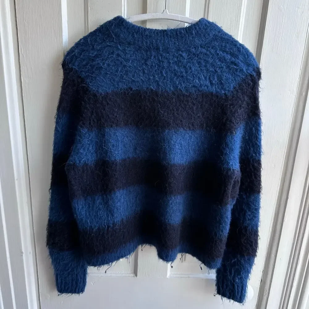 Madewell Brushed V-Neck Sweater | Heather Lapis Blue Stripe | XS